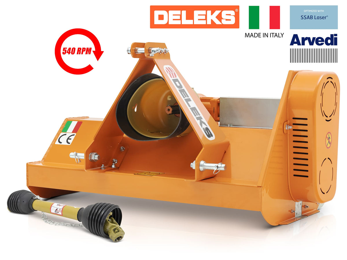 DELEKS APE SX reverse-rotation flail mower for compact tractors, 540 rpm