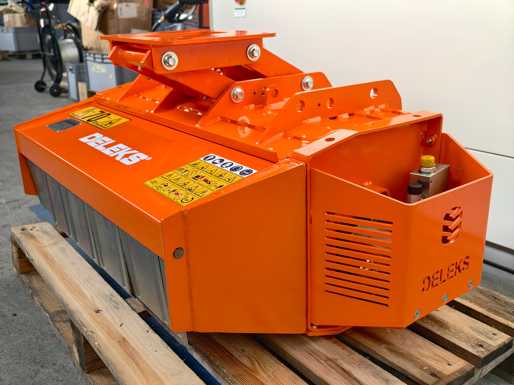 DELEKS ARJ forestry mulcher on a pallet, rear three-quarter view