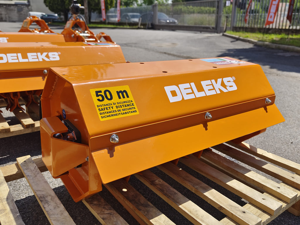 DELEKS AR mulcher head on a pallet in the factory yard, front view