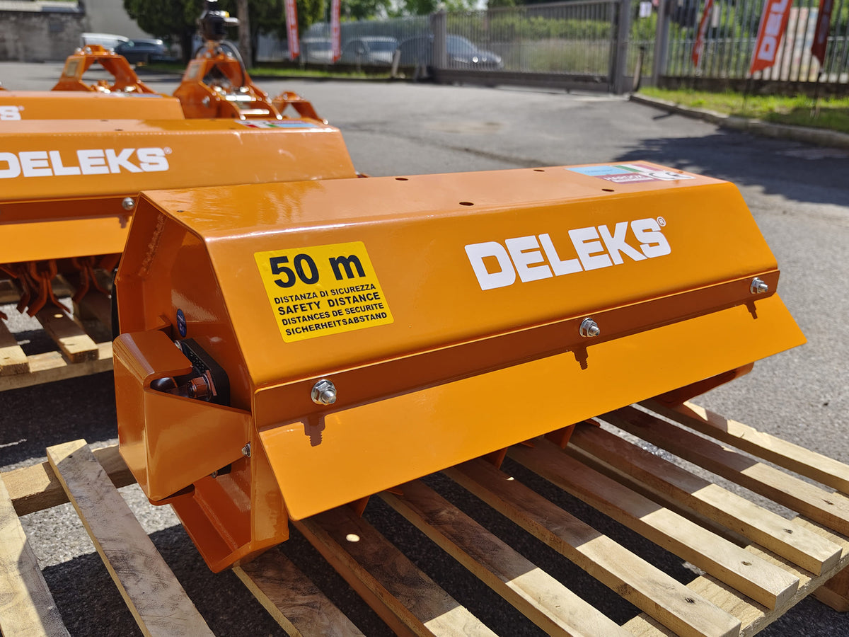 DELEKS AR mulcher head on a pallet in the factory yard, front view