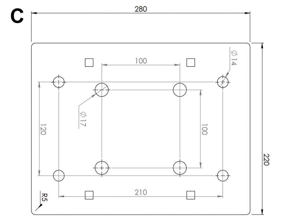 Mounting plate drawing of the DELEKS CF10 with bolt pattern