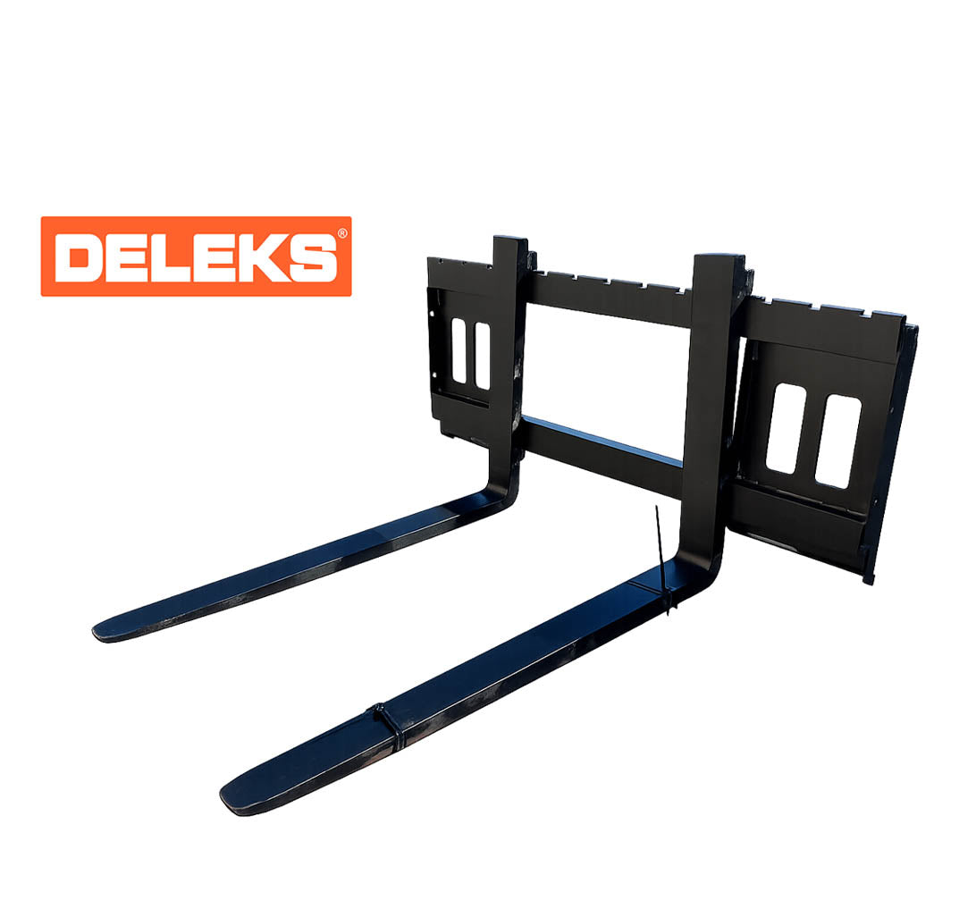 DELEKS FS1T pallet forks with skid steer quick attach, studio view