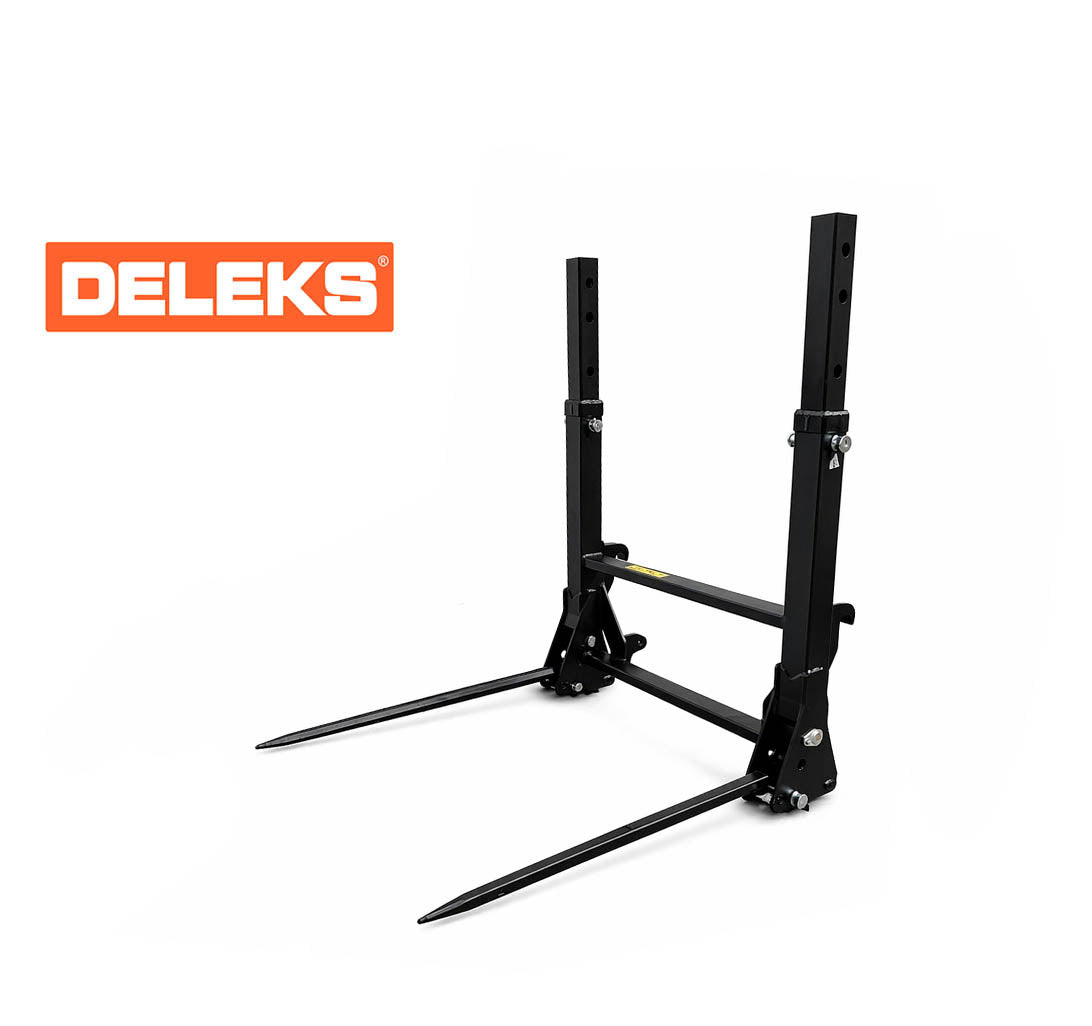 DELEKS DK1T bale fork with two folding tines and Euro quick attach, studio view