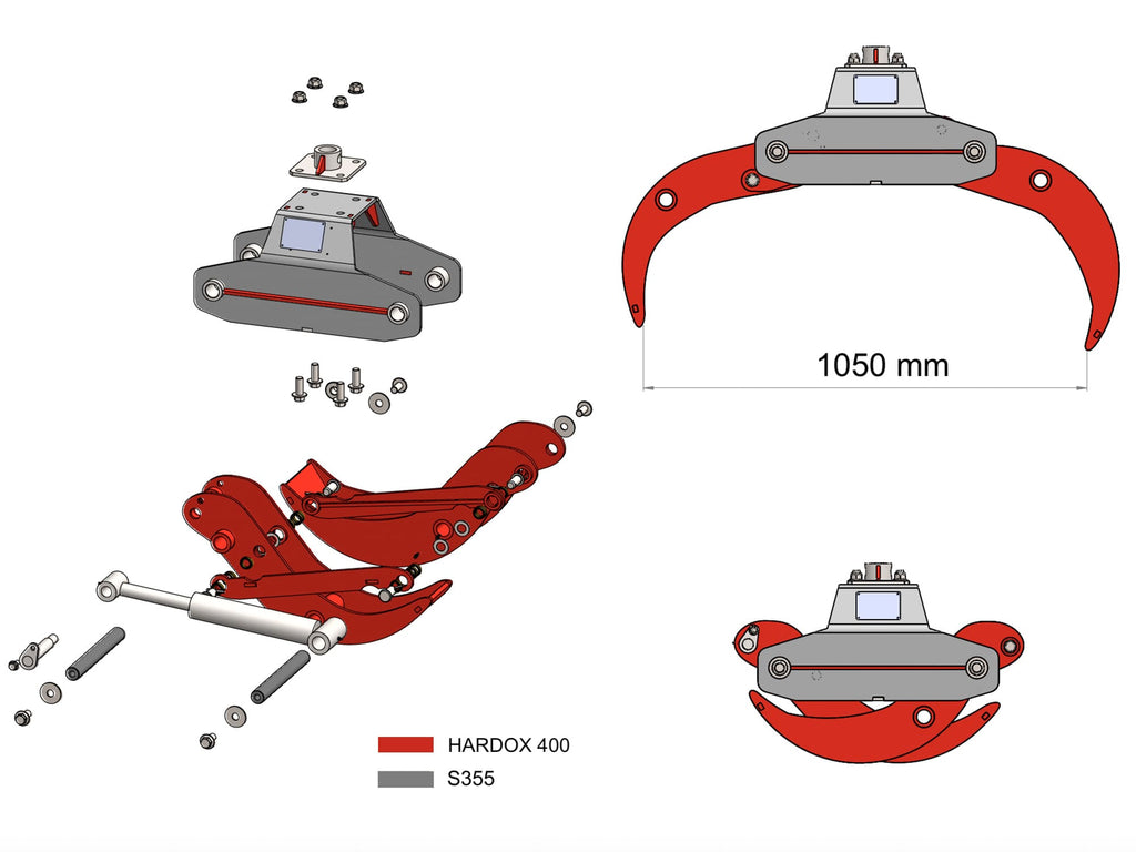 Diagram of the Hardox steel components of the DELEKS DK10H grapple