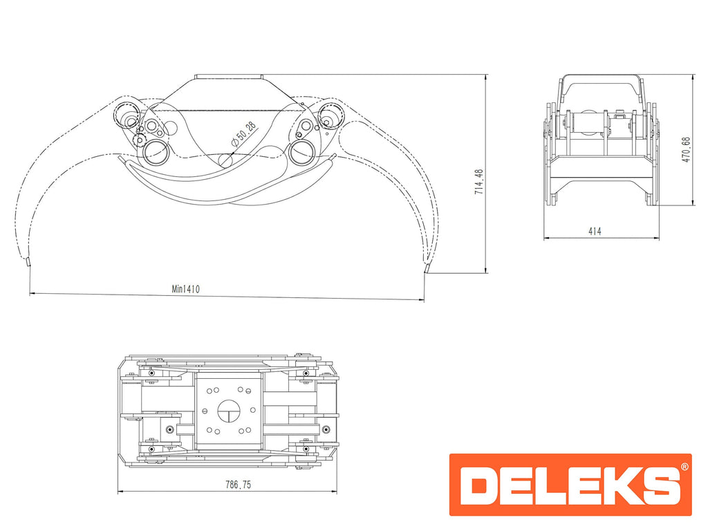 Dimensional drawing of the DELEKS DK16 log grapple