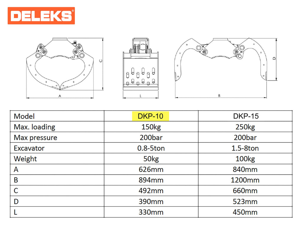 Specification table and drawing of the DELEKS DKP-10 and DKP-15 grapples