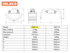 Specification table and drawing of the DELEKS DKP-10 and DKP-15 grapples
