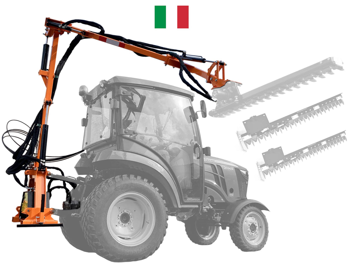 DELEKS FALCO H hydraulic hedge cutter arm on a tractor with three cutter bar sizes