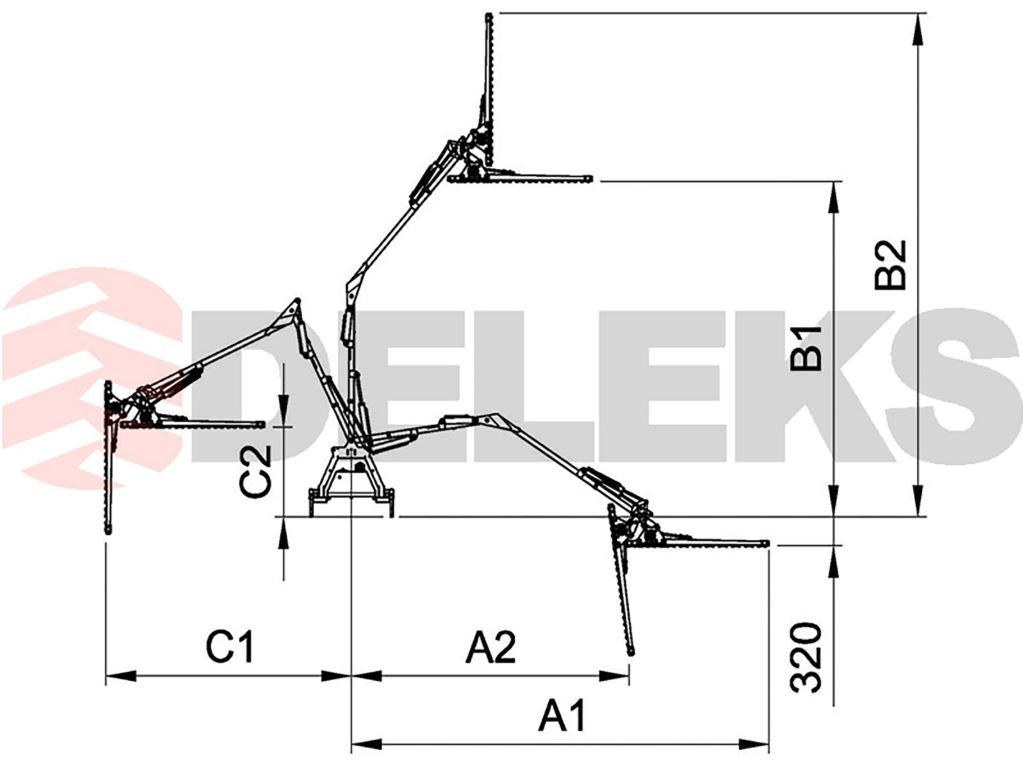 Reach diagram of the DELEKS FALCO and FALCO H hydraulic hedge cutter arms