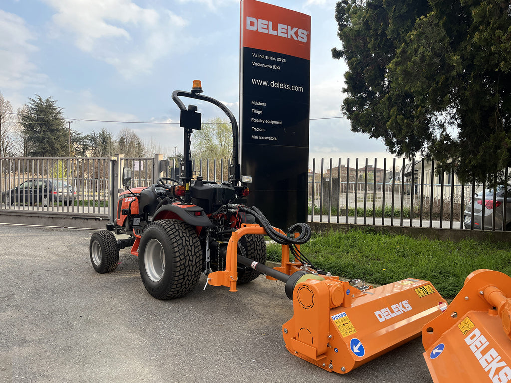 DELEKS VOLPE flail mower mounted on a Kubota compact tractor