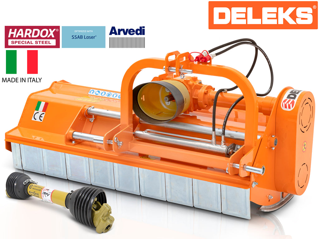 DELEKS LEOPARD heavy-duty flail mower with hydraulic side shift, studio front view