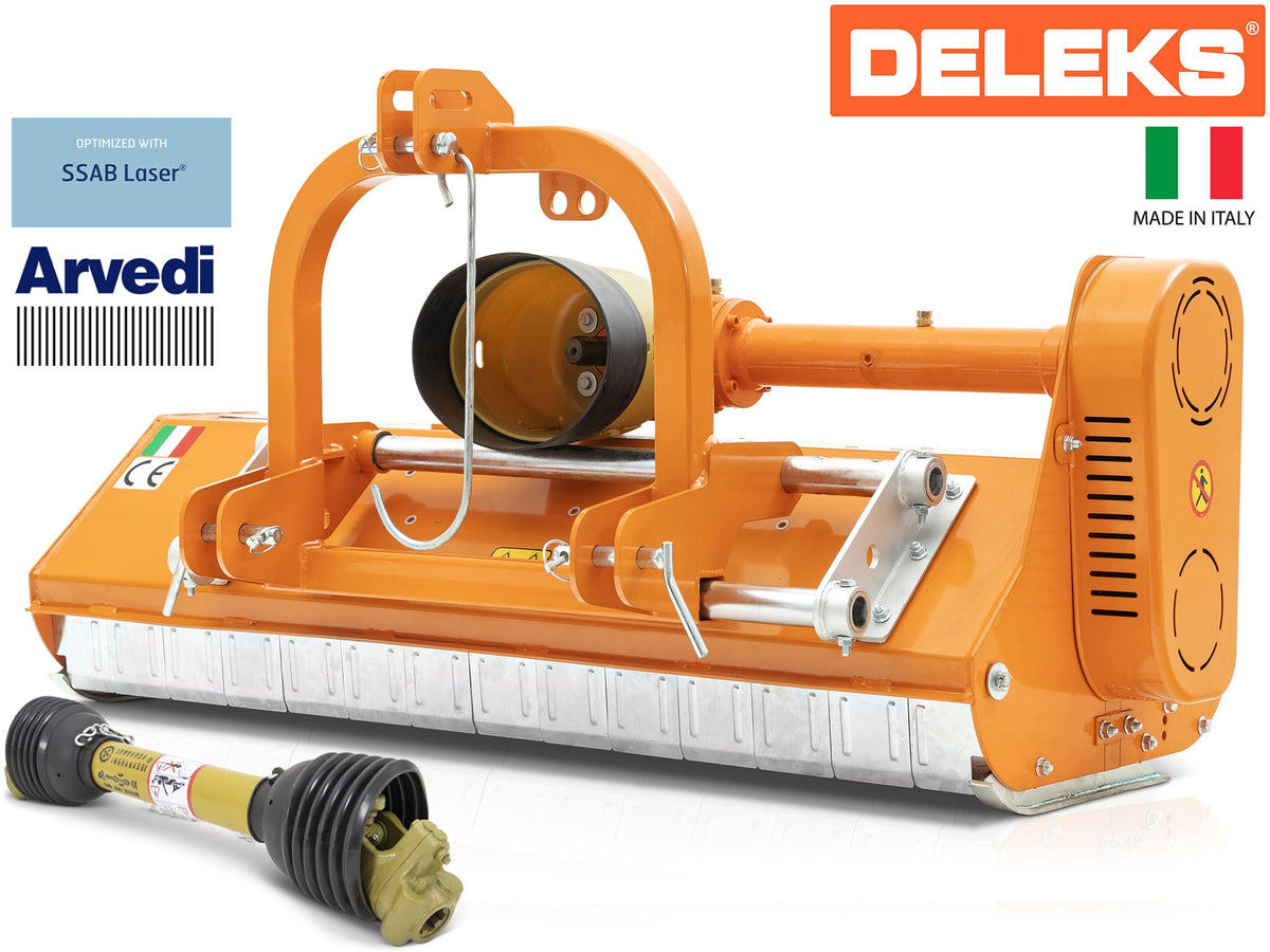 DELEKS LINCE side-shift flail mower with PTO shaft, studio view