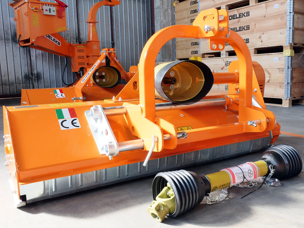 DELEKS LINCE flail mower in the warehouse with shipping crates