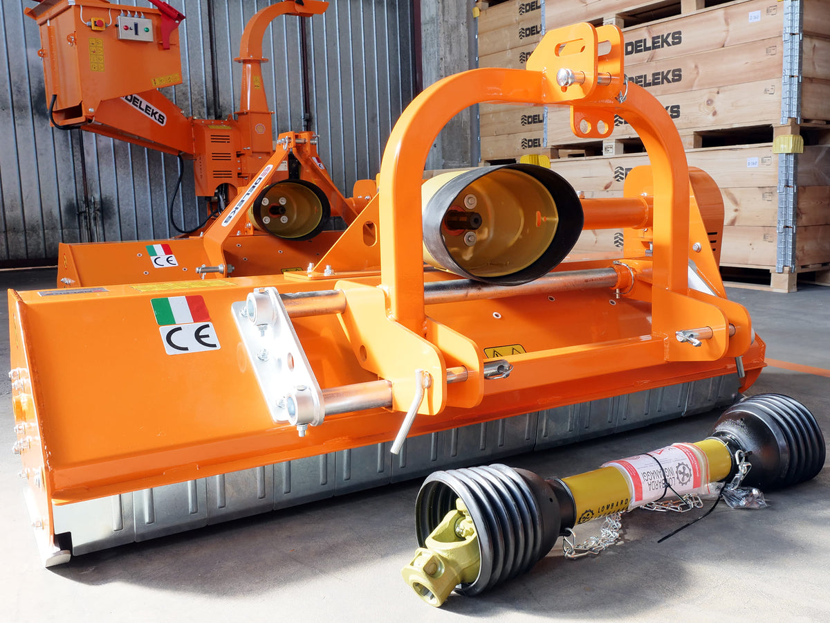 DELEKS LINCE flail mower in the warehouse with shipping crates