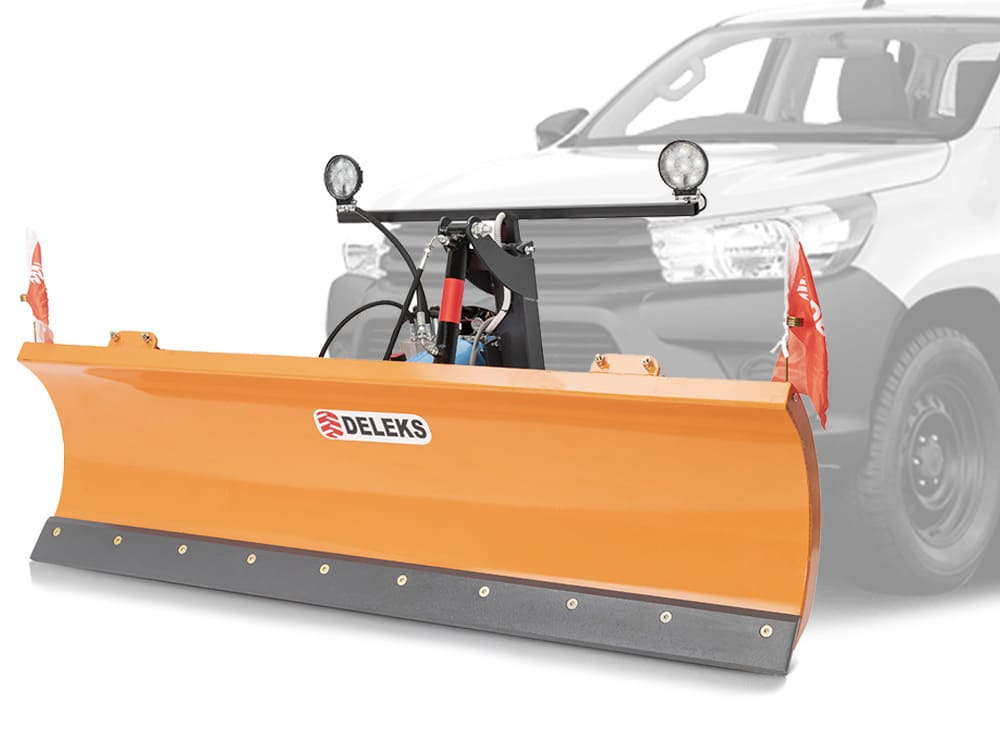 DELEKS LNS-J snow plow mounted on a pickup truck, render